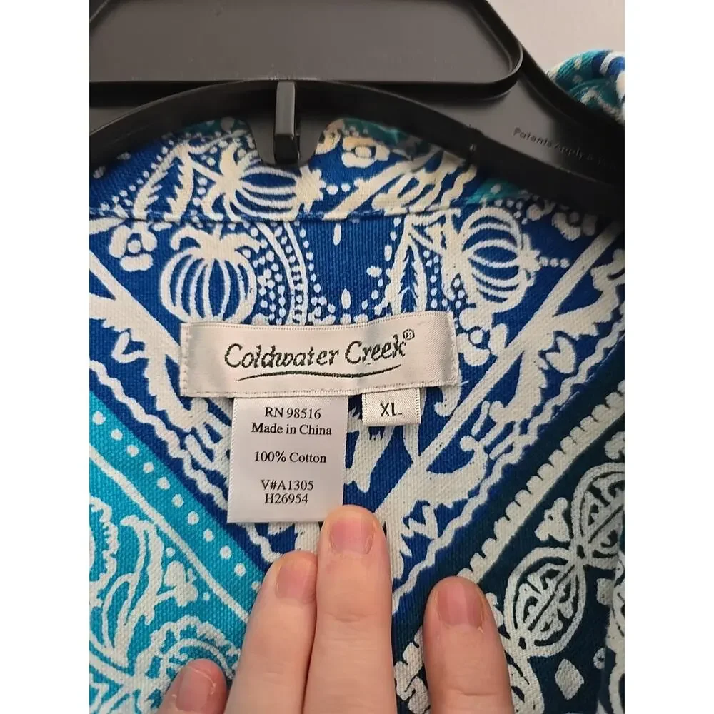 Coldwater Creek Blue Argyle Paisley Button Front Long Sleeve Top Womans Size XL‎